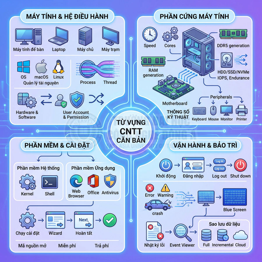 Infographic từ vựng CNTT cơ bản về máy tính, hệ điều hành, phần cứng, phần mềm và vận hành bảo trì