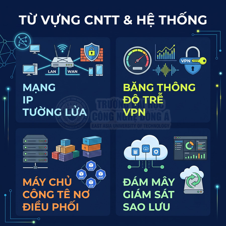 Hình minh họa các khái niệm mạng, máy chủ, đám mây và bảo mật trong lĩnh vực CNTT và hệ thống