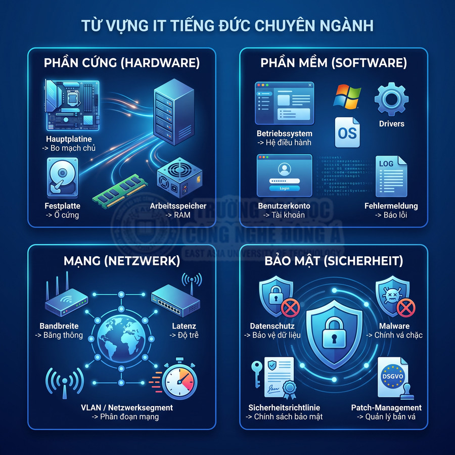 Từ vựng IT tiếng Đức chuyên ngành về phần cứng, phần mềm, mạng và bảo mật minh họa bằng icon trực quan