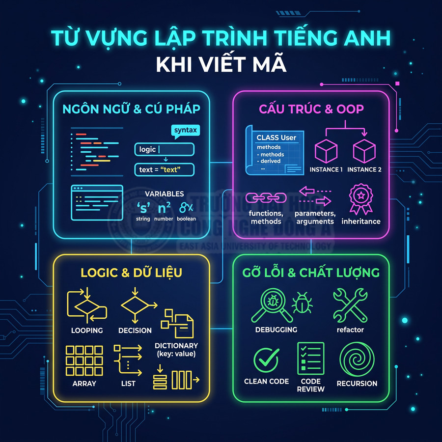 Infographic từ vựng lập trình tiếng Anh khi viết mã về cú pháp, OOP, logic dữ liệu và gỡ lỗi code