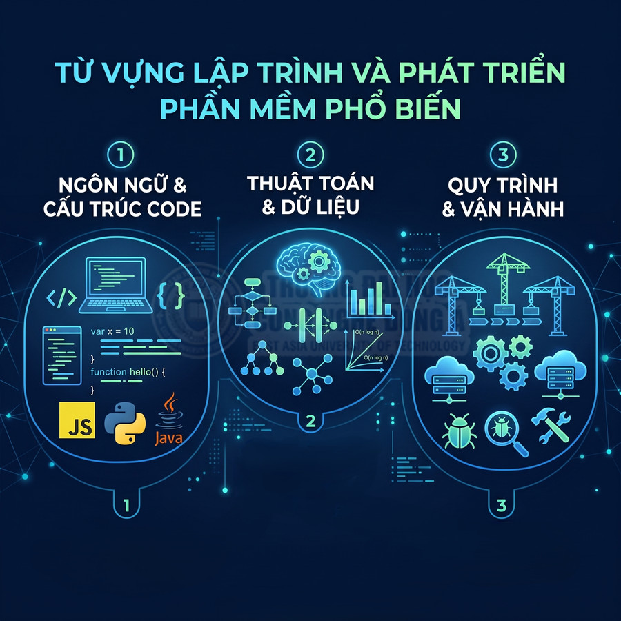 Từ vựng lập trình phổ biến về ngôn ngữ code, thuật toán dữ liệu và quy trình vận hành phần mềm
