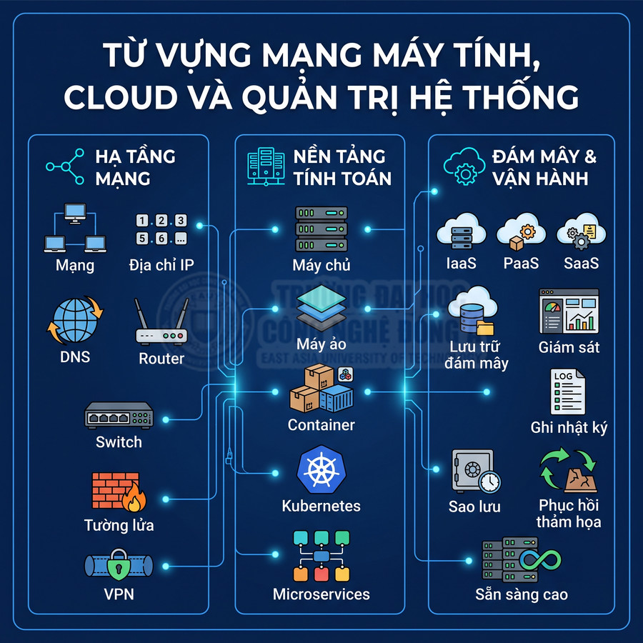 Từ vựng cơ bản về mạng máy tính, cloud và quản trị hệ thống với các khái niệm hạ tầng và đám mây