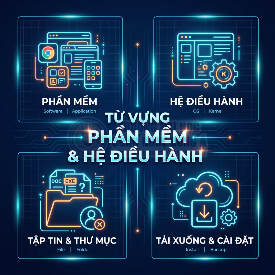 Từ vựng tiếng Việt về phần mềm, hệ điều hành, tập tin thư mục và tải xuống cài đặt trên nền đồ họa công nghệ