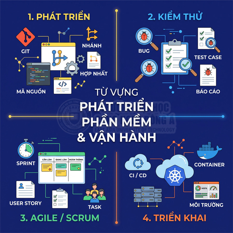 Từ vựng phát triển phần mềm và vận hành gồm phát triển, kiểm thử, Agile Scrum, triển khai