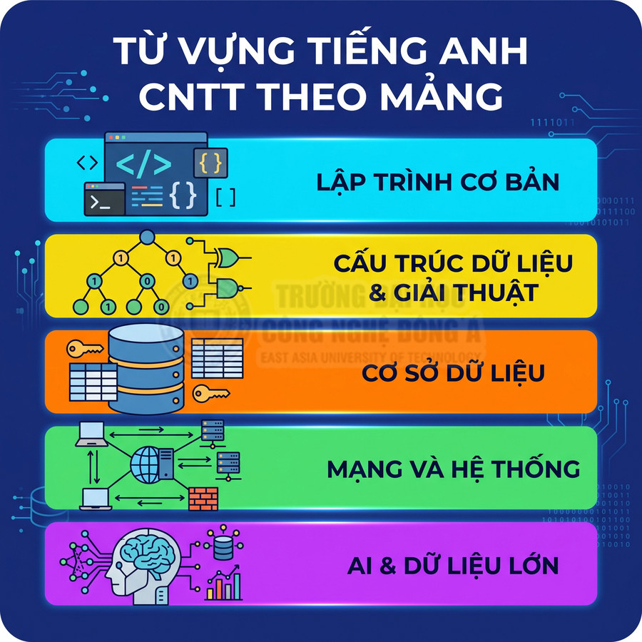 Từ vựng tiếng Anh CNTT theo mảng lập trình cơ bản, cấu trúc dữ liệu, cơ sở dữ liệu, mạng và AI dữ liệu lớn