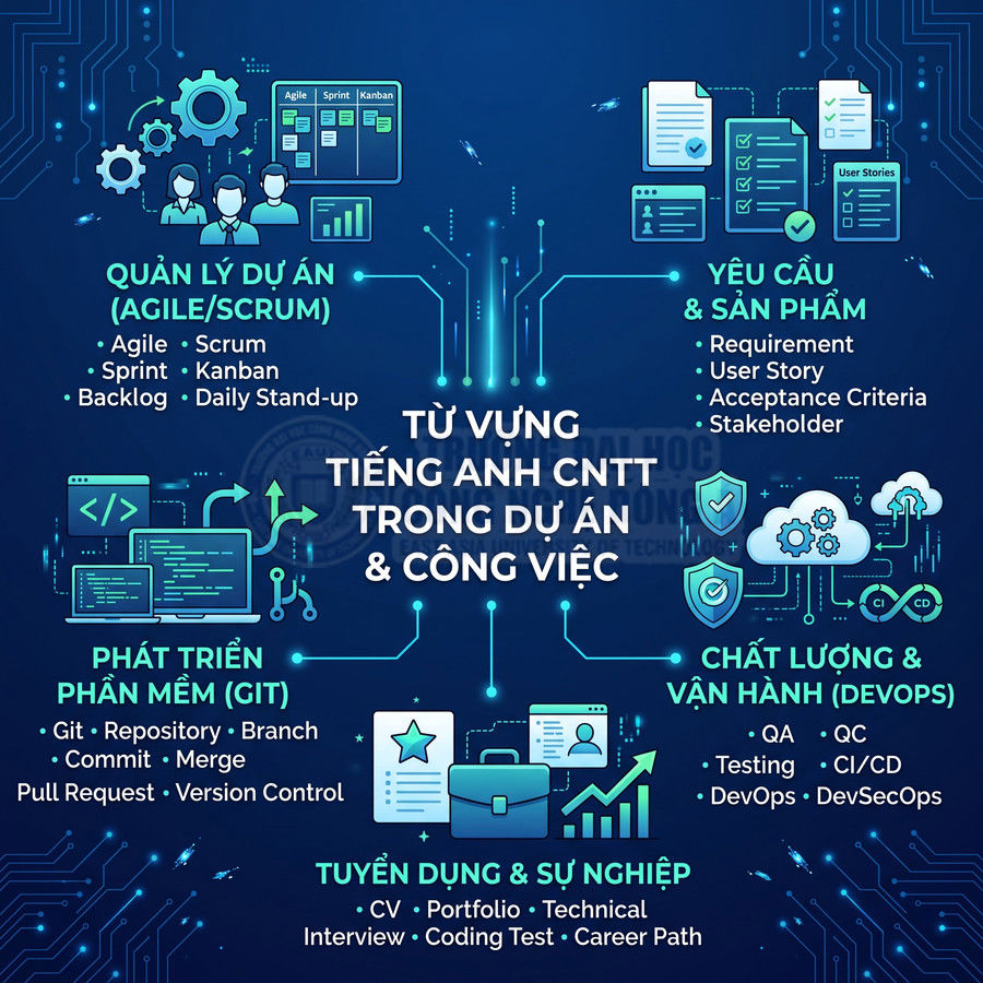 Từ vựng tiếng Anh CNTT cho quản lý dự án, phát triển phần mềm, DevOps và tuyển dụng trên nền xanh kỹ thuật số