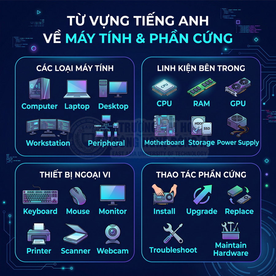 Bảng từ vựng tiếng Anh về máy tính, linh kiện phần cứng, thiết bị ngoại vi và thao tác lắp ráp, bảo trì