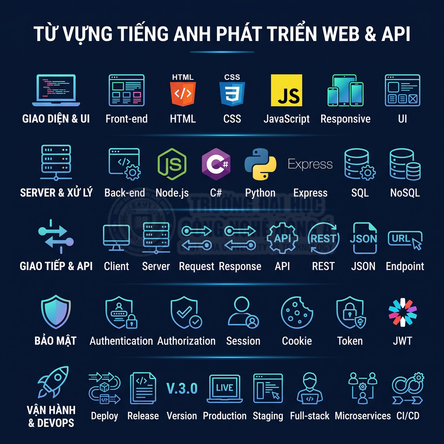Từ vựng tiếng Anh phát triển web và API với icon HTML CSS JavaScript Node.js Python SQL bảo mật và DevOps