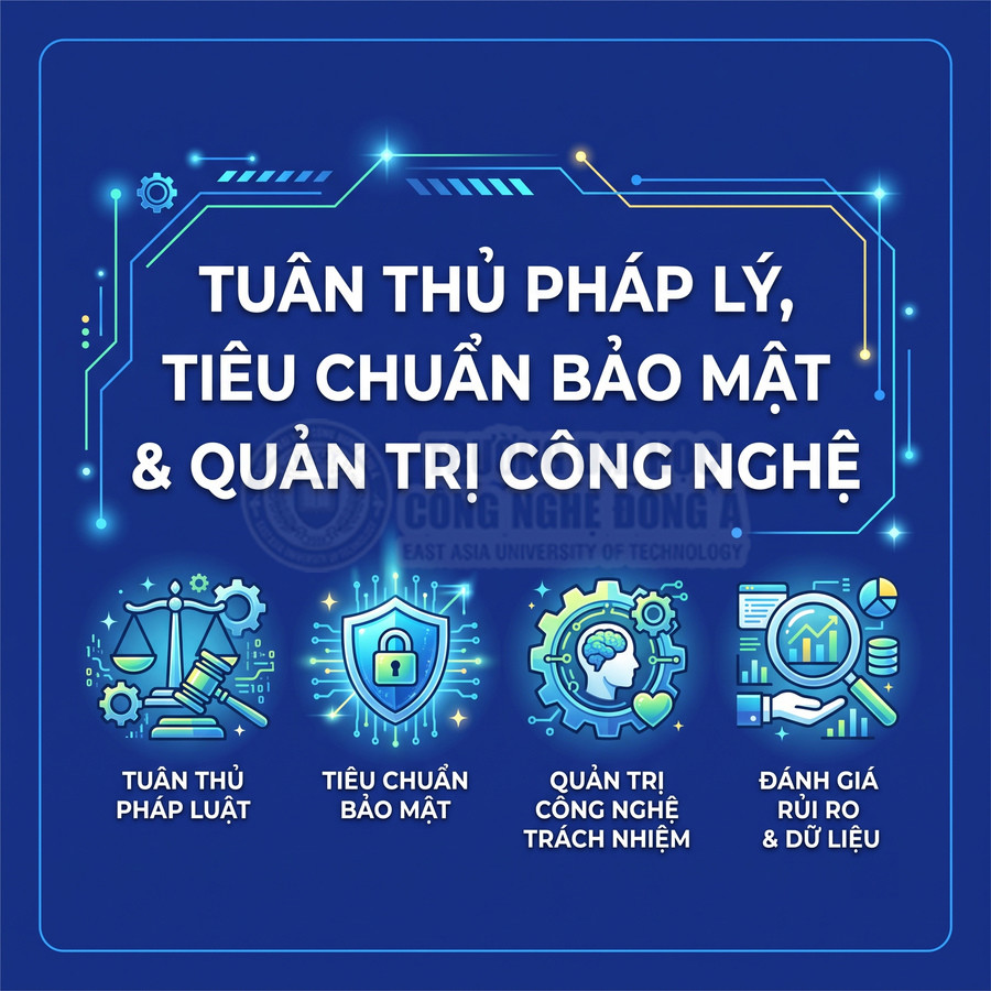 Banner tuân thủ pháp lý, tiêu chuẩn bảo mật và quản trị công nghệ với các biểu tượng luật, khóa bảo mật, não bộ và phân tích dữ liệu
