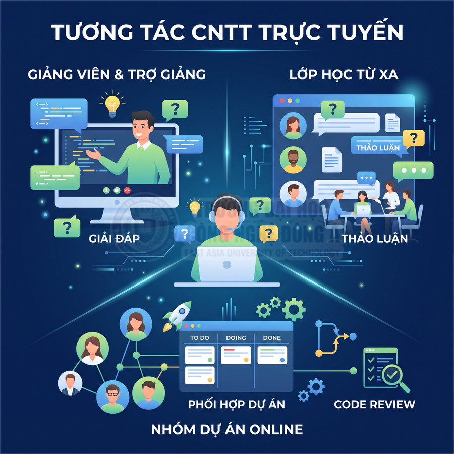 Mô hình tương tác CNTT trực tuyến với giảng viên, lớp học từ xa và nhóm dự án lập trình online