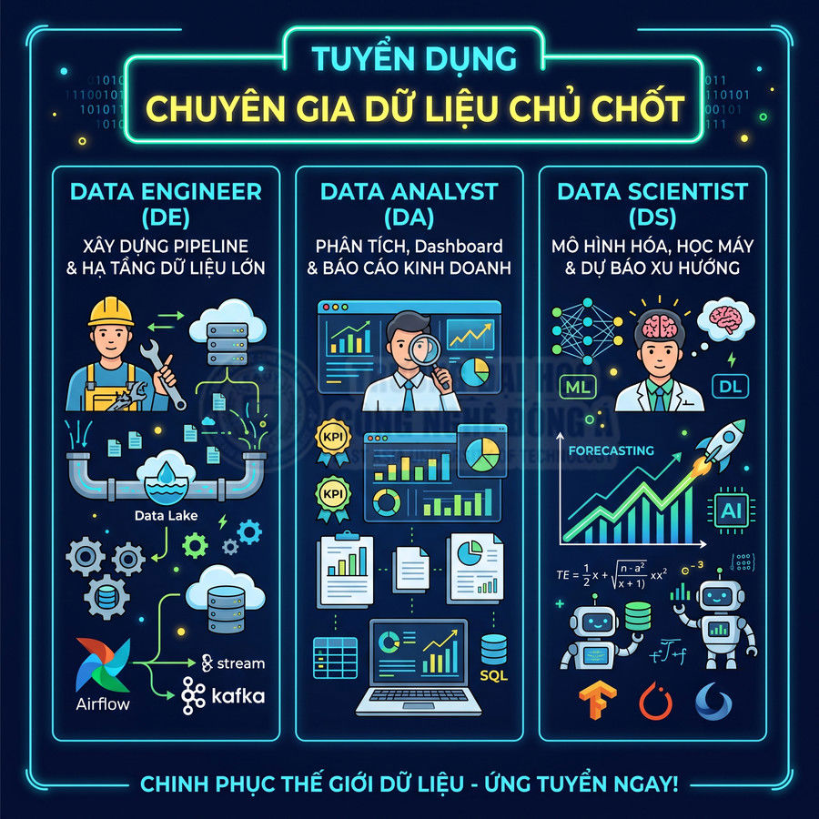 Poster tuyển dụng vị trí Data Engineer, Data Analyst, Data Scientist với mô tả kỹ năng và biểu tượng công nghệ dữ liệu