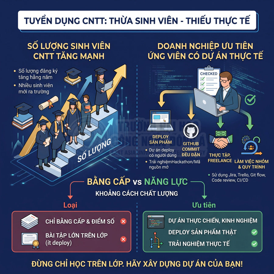 Infographic tuyển dụng CNTT nhấn mạnh sinh viên thiếu kinh nghiệm thực tế, doanh nghiệp ưu tiên ứng viên có dự án thực chiến