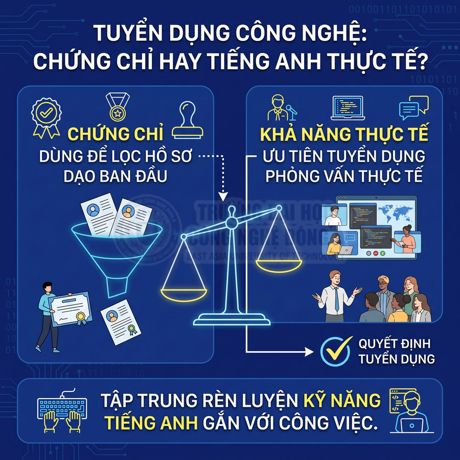Infographic so sánh chứng chỉ và khả năng tiếng Anh thực tế trong tuyển dụng ngành công nghệ thông tin