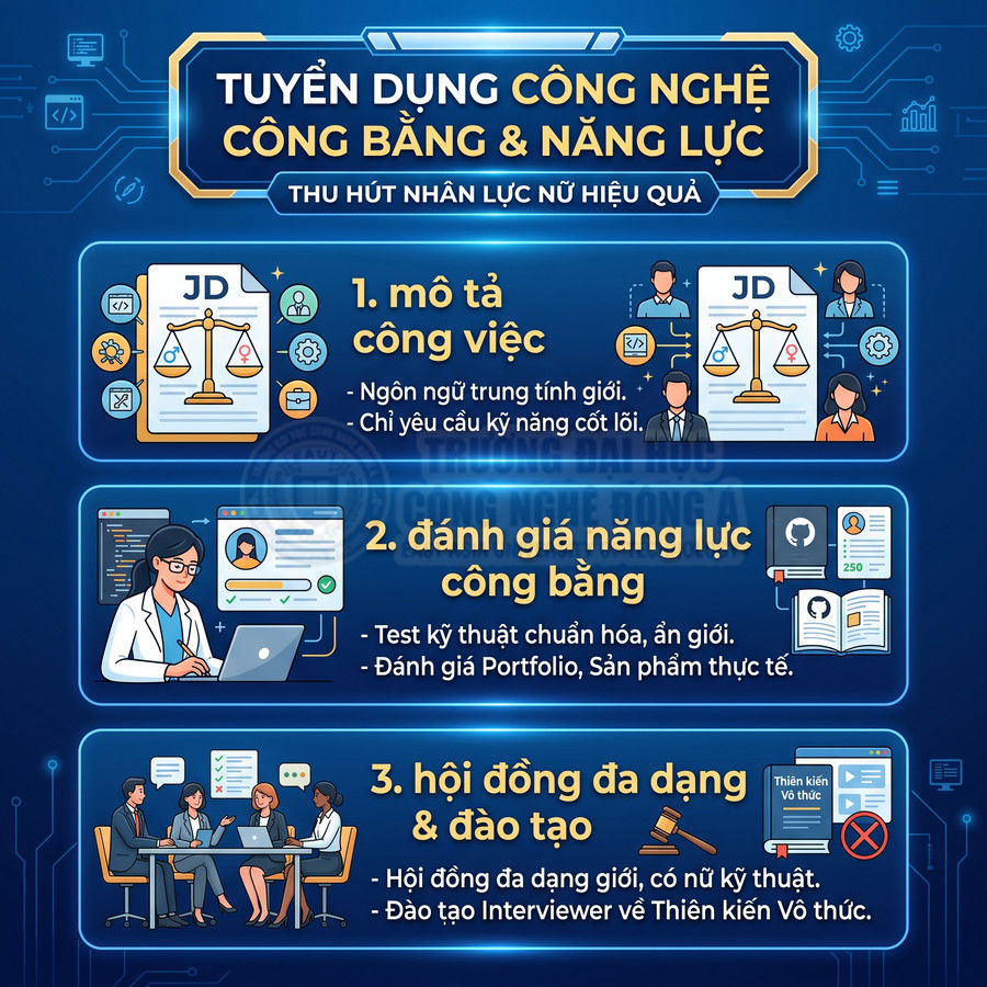 Infographic tuyển dụng công nghệ công bằng và năng lực, mô tả quy trình mô tả công việc, đánh giá năng lực, hội đồng đa dạng