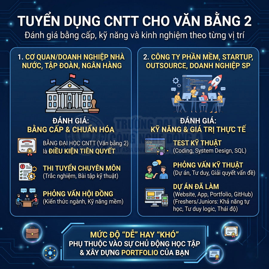 Infographic tuyển dụng CNTT cho văn bằng 2, so sánh yêu cầu bằng cấp và kỹ năng tại cơ quan nhà nước và công ty phần mềm
