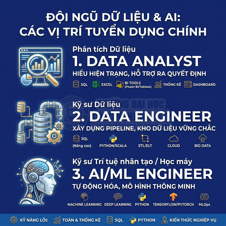 Mô tả các vị trí tuyển dụng Data Analyst, Data Engineer, AI ML Engineer và kỹ năng cần có trong lĩnh vực dữ liệu AI
