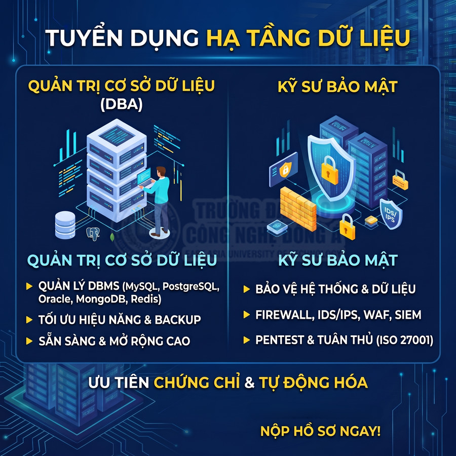 Poster tuyển dụng hạ tầng dữ liệu cho vị trí quản trị cơ sở dữ liệu DBA và kỹ sư bảo mật hệ thống