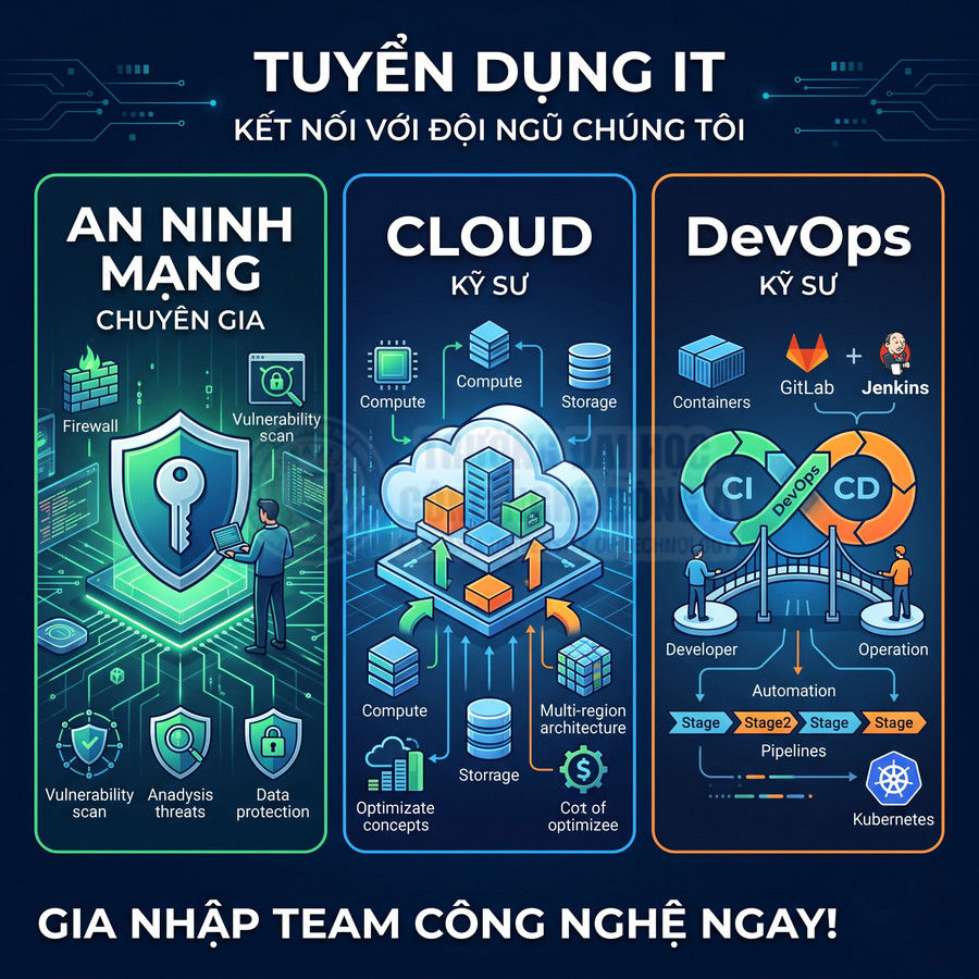 Banner tuyển dụng IT cho vị trí chuyên gia an ninh mạng, kỹ sư cloud và DevOps với minh họa công nghệ hiện đại