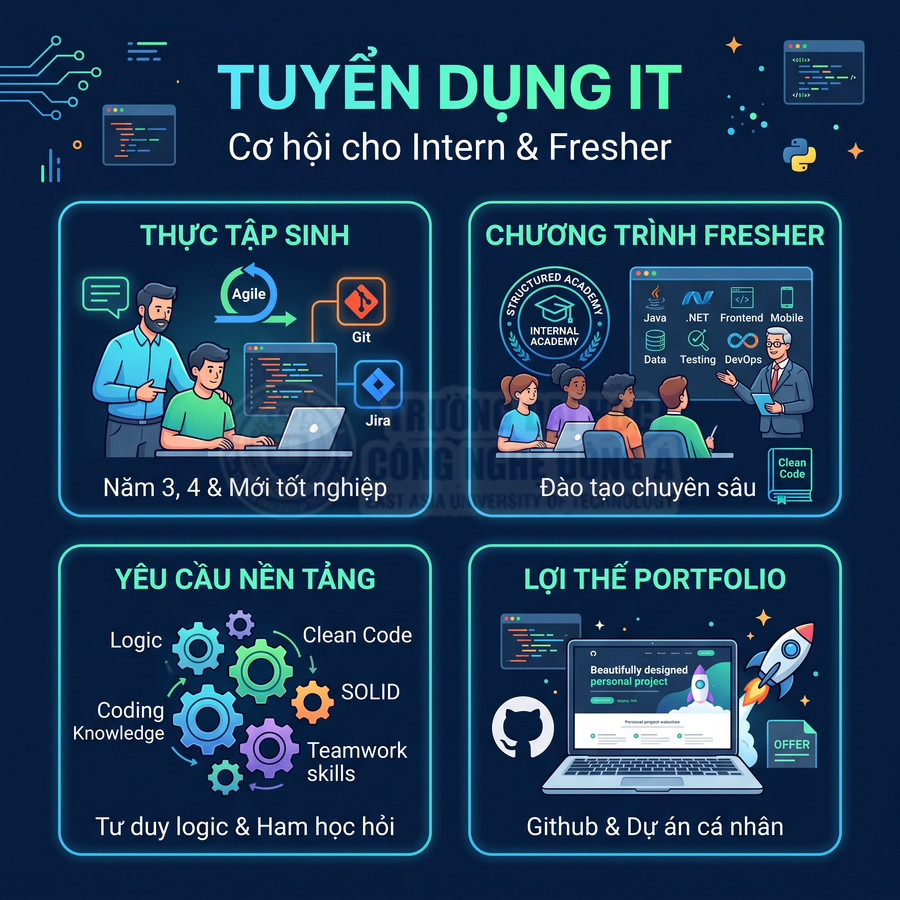 Poster tuyển dụng IT cho thực tập sinh và fresher, mô tả yêu cầu kỹ năng lập trình và lợi thế portfolio GitHub