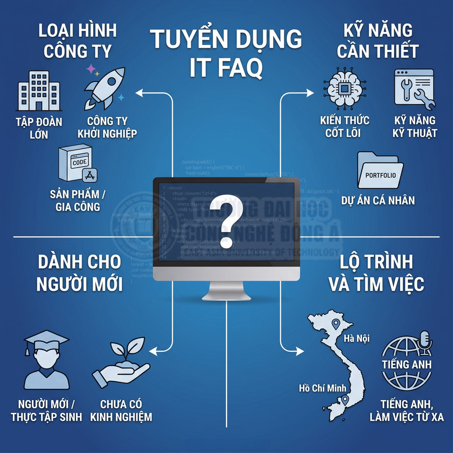 Infographic tuyển dụng IT FAQ cho người mới, nêu loại hình công ty, kỹ năng cần thiết và lộ trình tìm việc