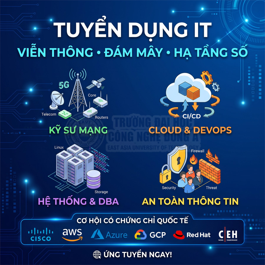 Poster tuyển dụng IT viễn thông đám mây hạ tầng số với các vị trí kỹ sư mạng cloud DevOps hệ thống DBA an toàn thông tin