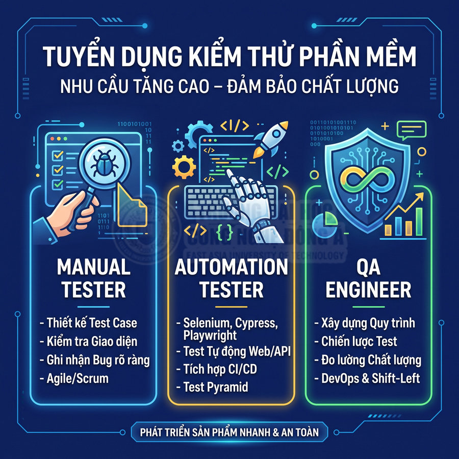 Poster tuyển dụng vị trí manual tester, automation tester và QA engineer trong lĩnh vực kiểm thử phần mềm