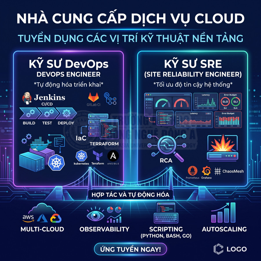 Banner tuyển dụng kỹ sư DevOps và SRE cho nhà cung cấp dịch vụ cloud với các công cụ Jenkins, GitLab, Terraform, Kubernetes