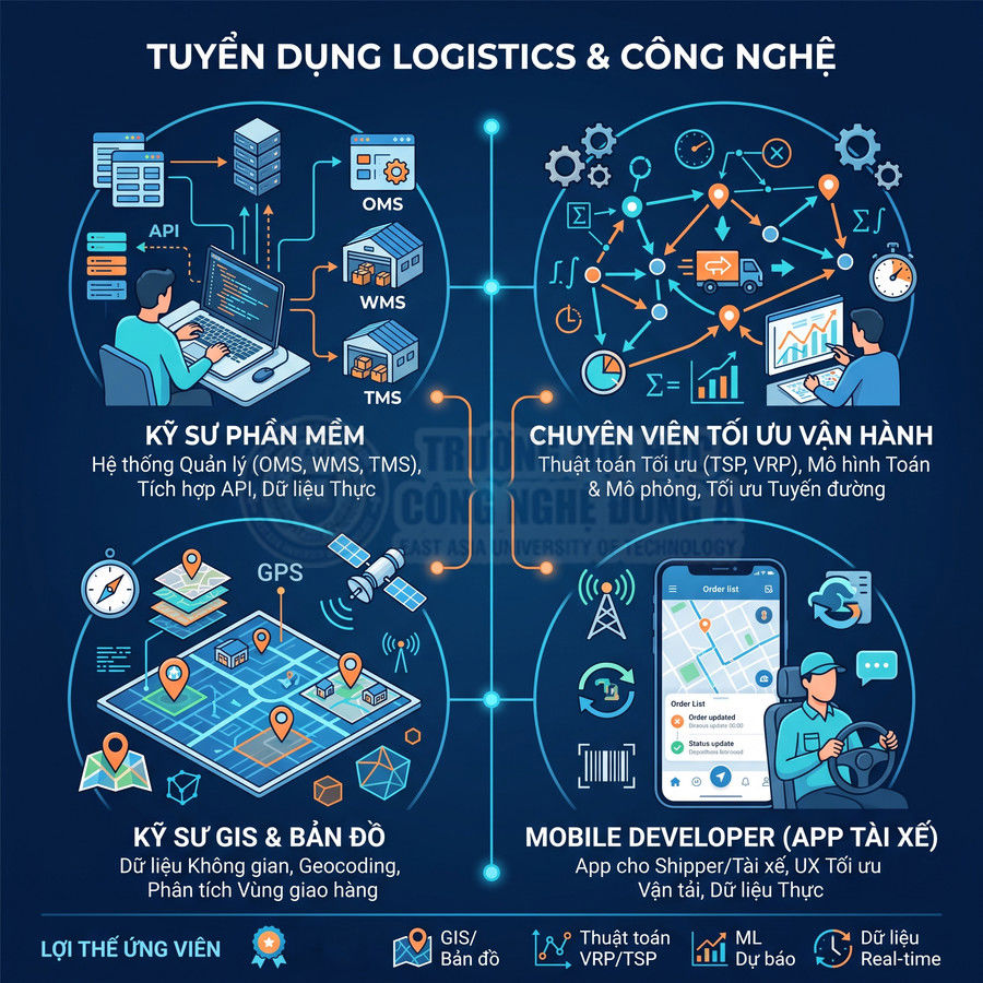 Poster tuyển dụng ngành logistics và công nghệ với các vị trí kỹ sư phần mềm, GIS, tối ưu vận hành và mobile developer