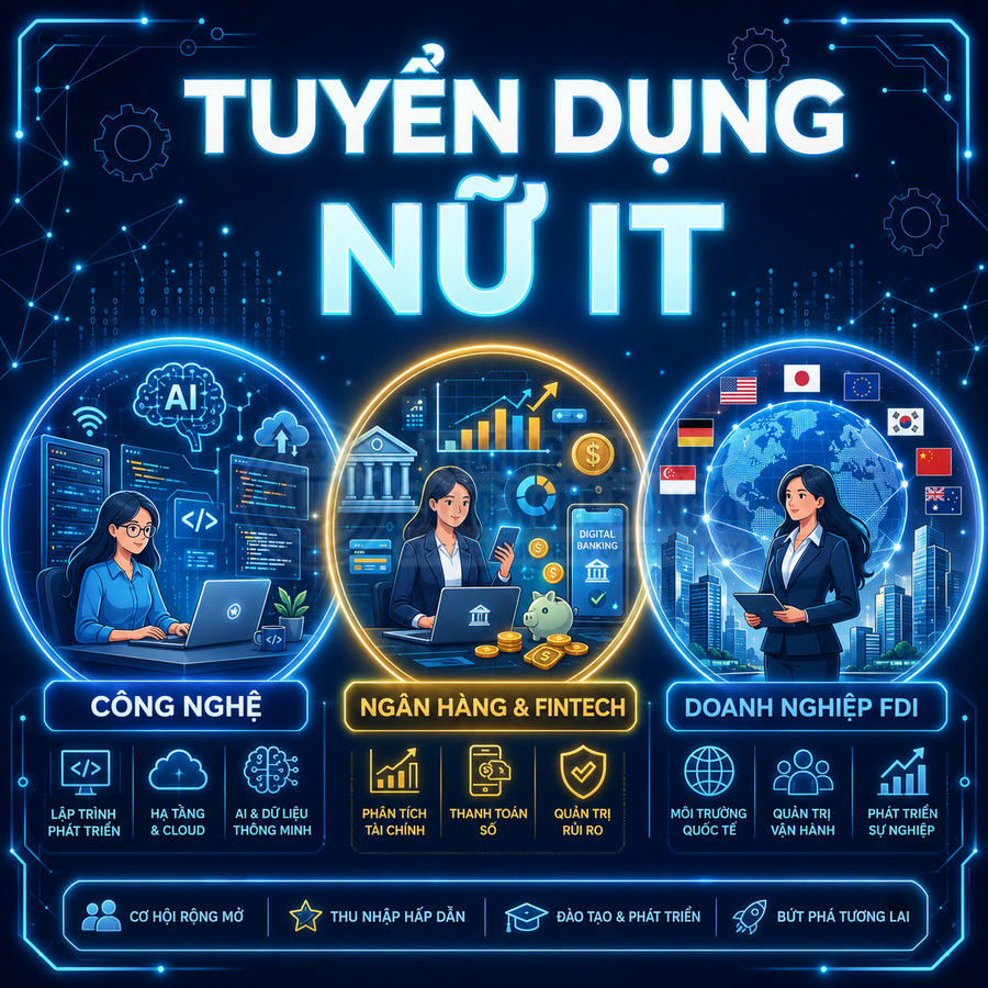 Poster tuyển dụng nữ IT với ba lĩnh vực công nghệ, ngân hàng fintech và doanh nghiệp FDI, minh họa nhân sự nữ chuyên nghiệp