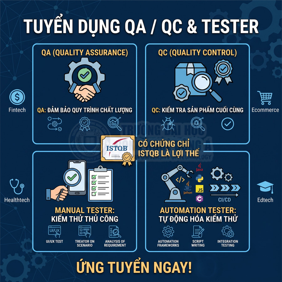 Poster tuyển dụng QA QC Tester với các vị trí manual tester, automation tester và yêu cầu chứng chỉ ISTQB