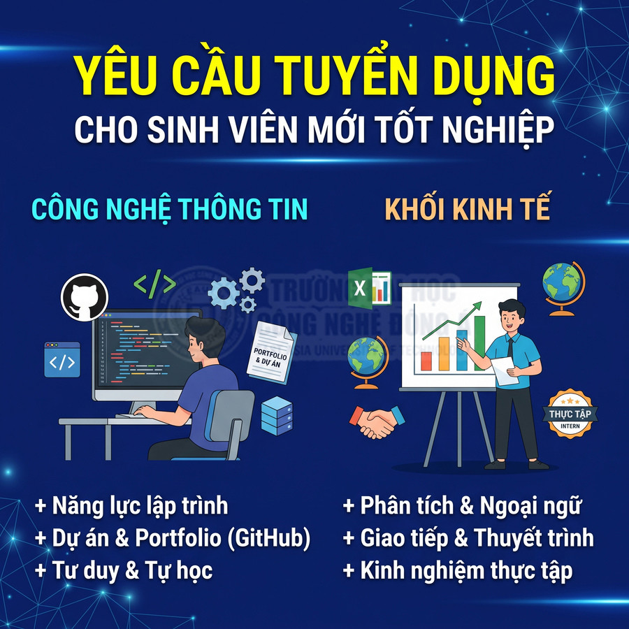 Yêu cầu tuyển dụng cho sinh viên mới tốt nghiệp ngành công nghệ thông tin và kinh tế, gồm kỹ năng và kinh nghiệm cần thiết