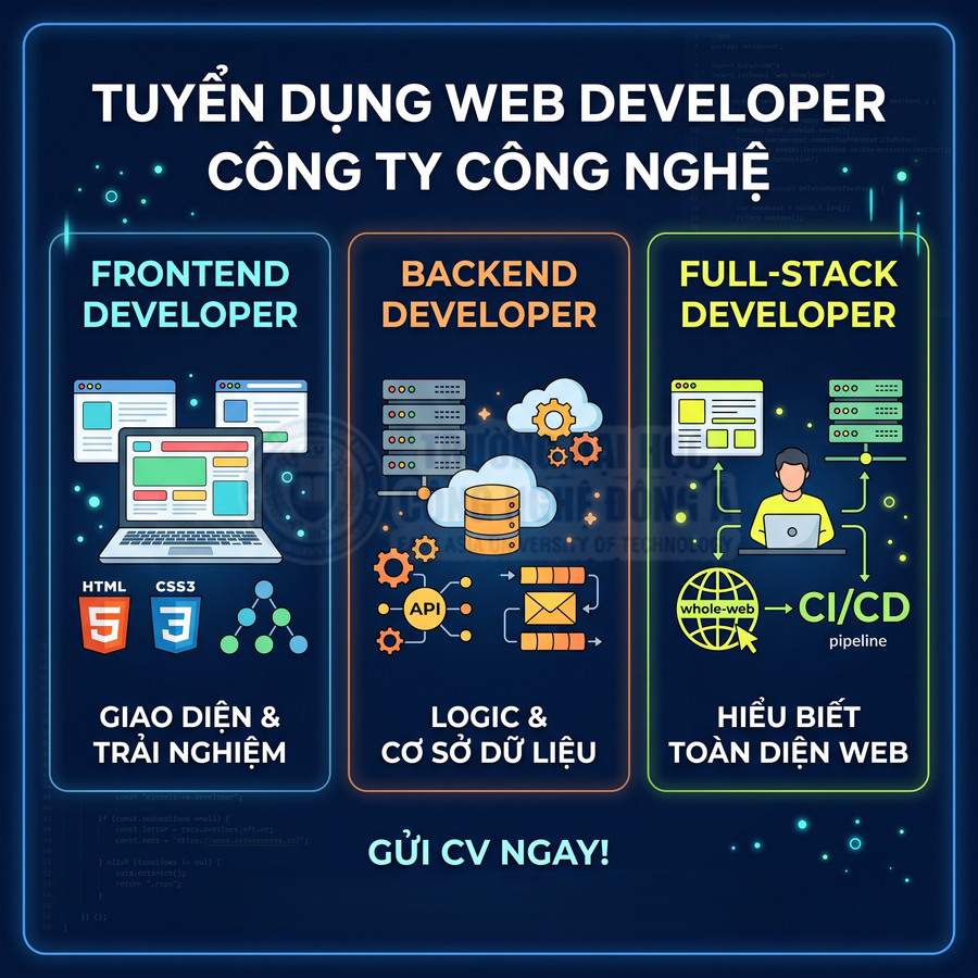 Banner tuyển dụng web developer cho công ty công nghệ với vị trí frontend, backend và full stack, kêu gọi gửi CV ngay