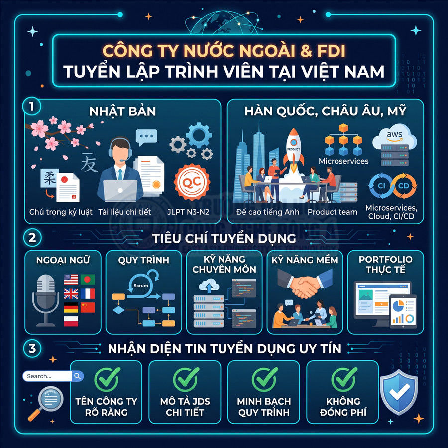 Infographic tuyển lập trình viên cho công ty nước ngoài và FDI tại Việt Nam với tiêu chí kỹ năng và ngoại ngữ