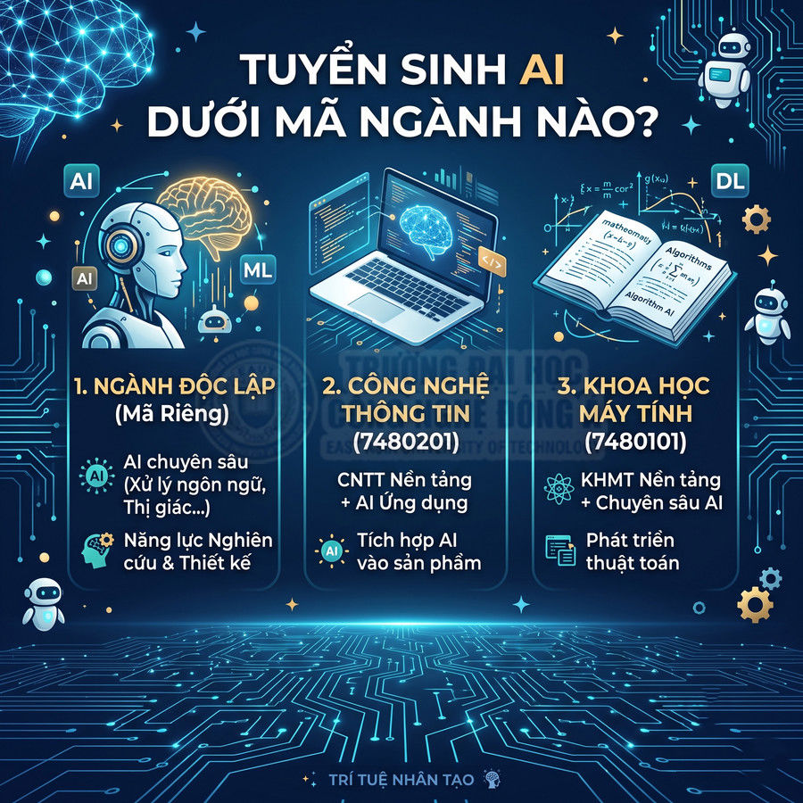 Infographic tuyển sinh ngành trí tuệ nhân tạo AI với ba lựa chọn: ngành độc lập, công nghệ thông tin, khoa học máy tính