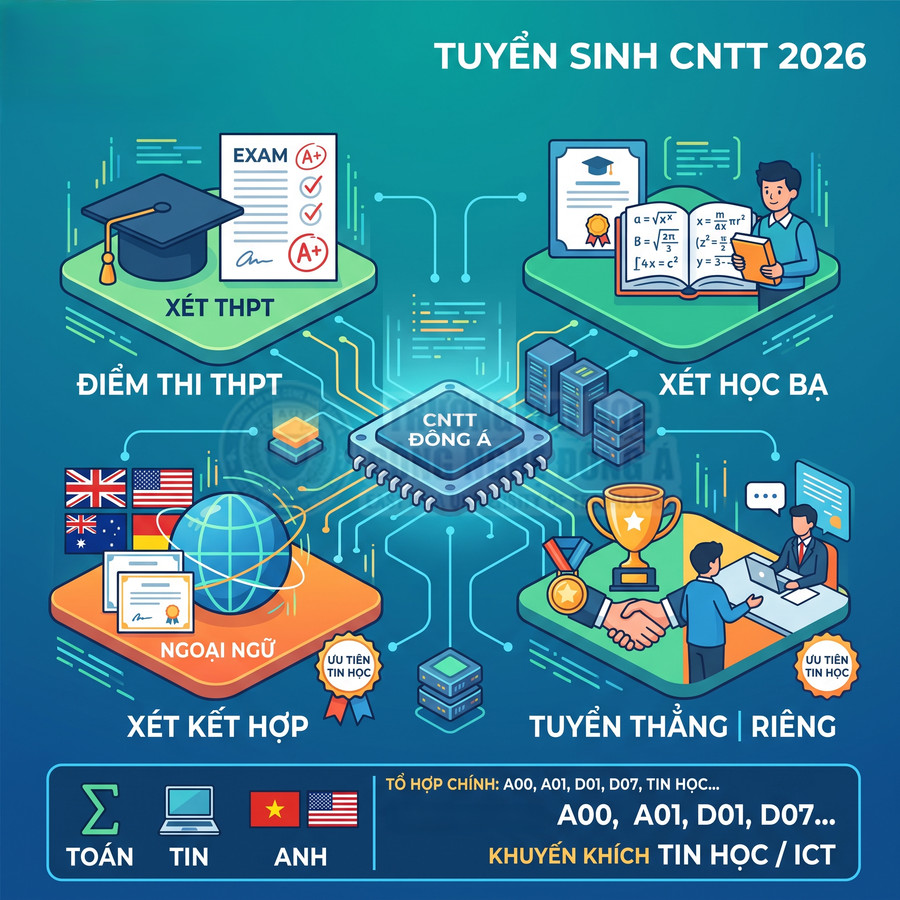 Poster tuyển sinh ngành Công nghệ thông tin 2026 với các phương thức xét tuyển và ưu tiên tin học