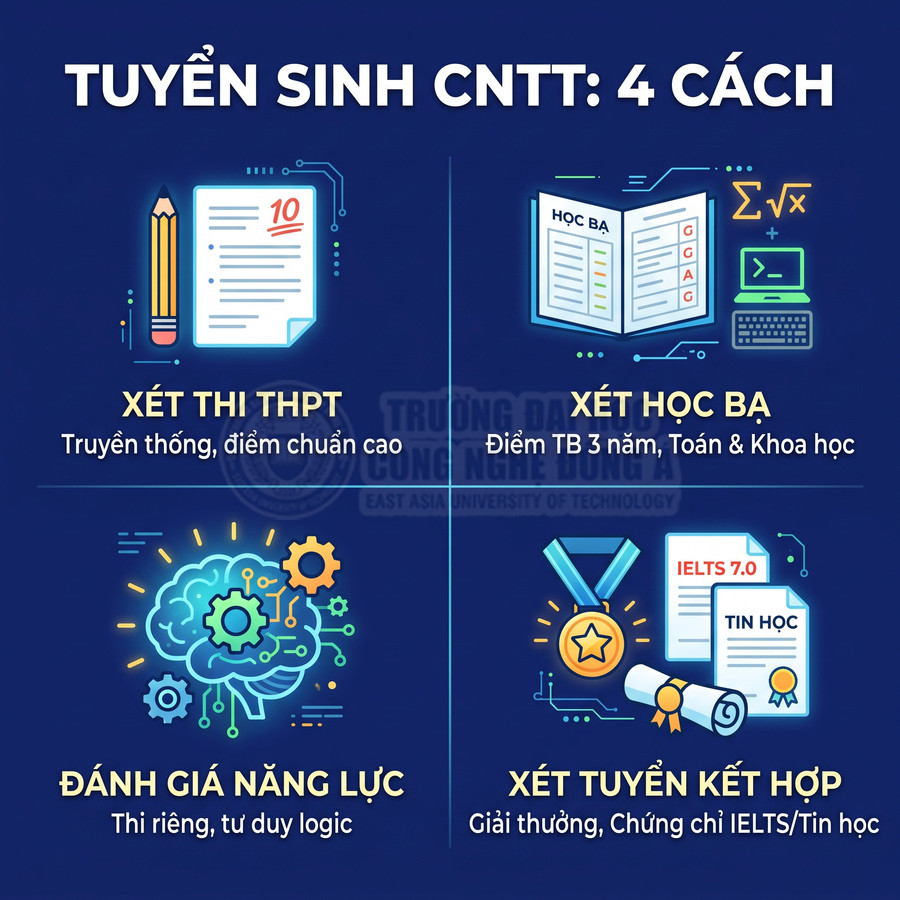Tư vấn 4 cách tuyển sinh ngành CNTT gồm xét thi THPT, xét học bạ, đánh giá năng lực và xét tuyển kết hợp