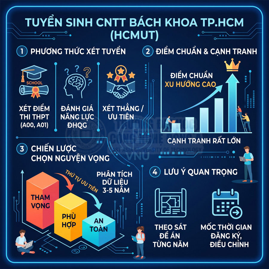 Infographic tuyển sinh ngành CNTT Bách Khoa TP.HCM với phương thức xét tuyển, điểm chuẩn và chiến lược chọn nguyện vọng