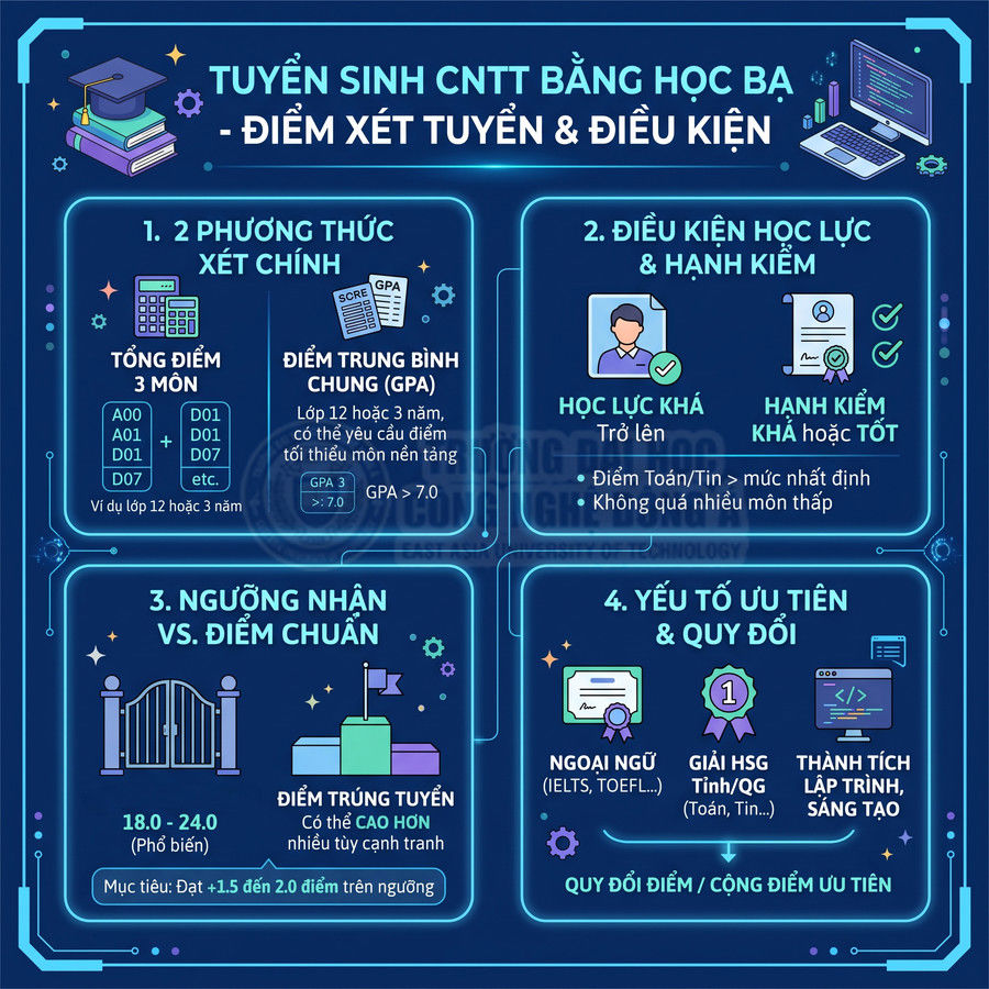 Infographic tuyển sinh ngành công nghệ thông tin bằng học bạ với điểm xét tuyển, điều kiện và yếu tố ưu tiên