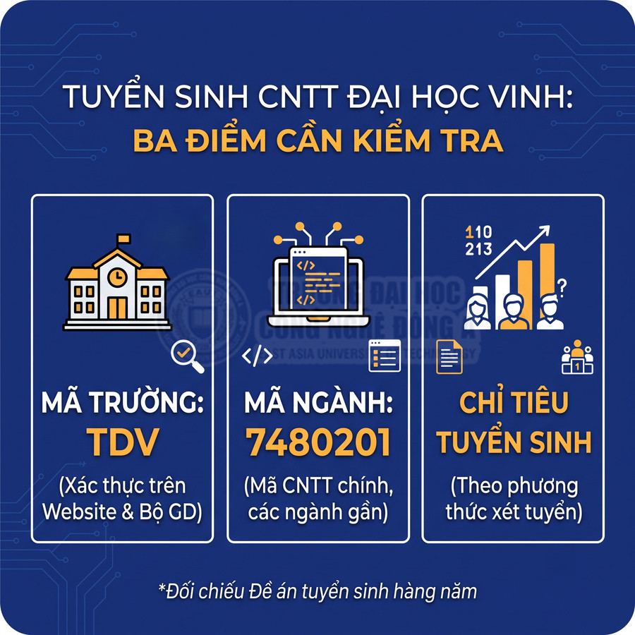 Thông tin tuyển sinh ngành CNTT Đại học Vinh với mã trường TDV, mã ngành 7480201 và chỉ tiêu xét tuyển