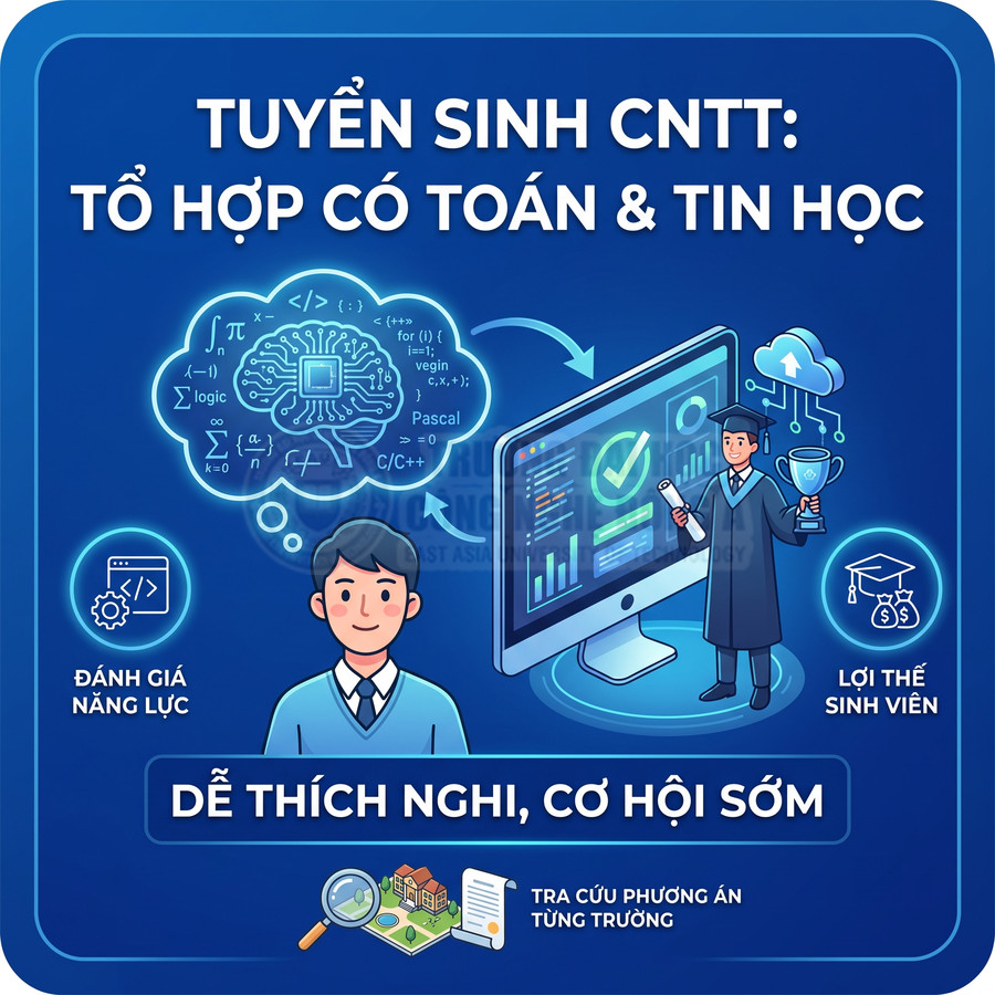 Poster tuyển sinh ngành CNTT tổ hợp Toán Tin, minh họa sinh viên, máy tính, đánh giá năng lực và lợi thế sinh viên