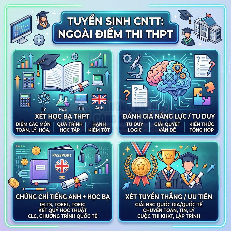 Poster tuyển sinh ngành CNTT với các phương thức xét tuyển học bạ, đánh giá năng lực, chứng chỉ tiếng Anh và ưu tiên thí sinh giỏi
