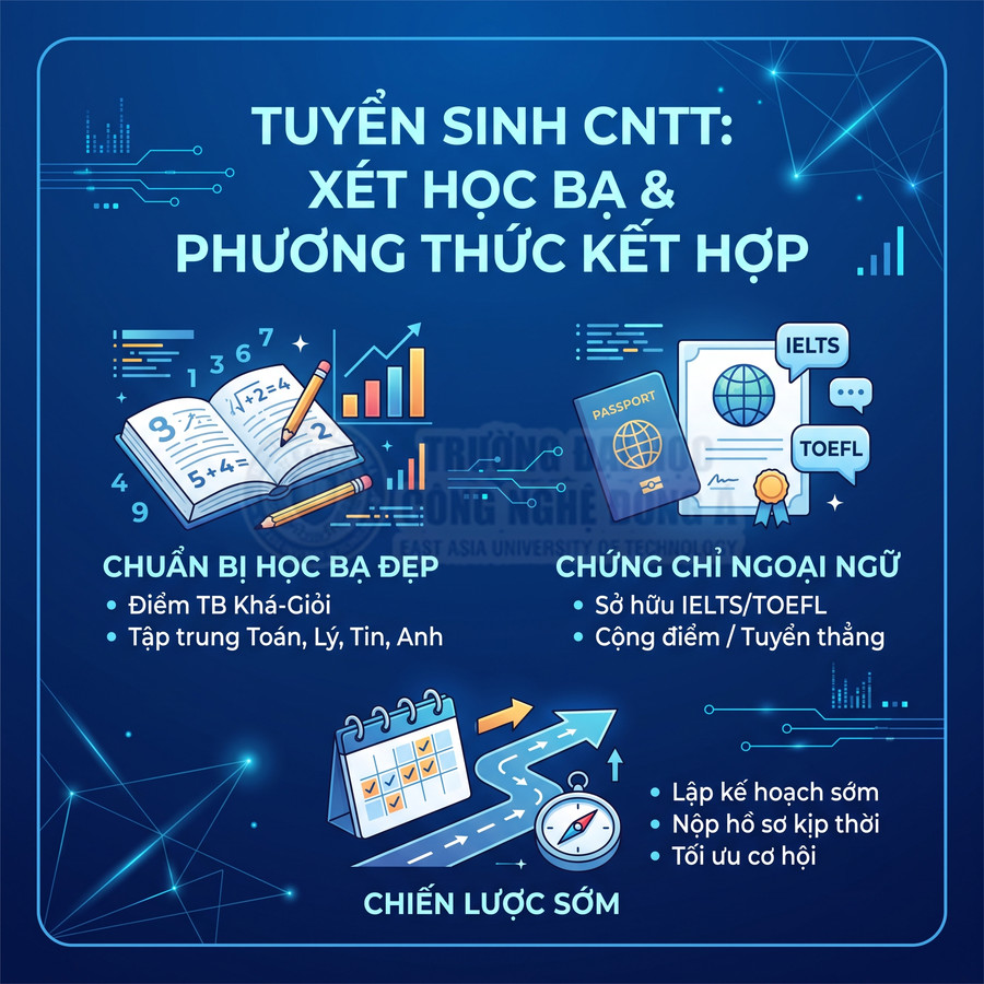 Poster tuyển sinh ngành CNTT xét học bạ và phương thức kết hợp với học bạ đẹp, chứng chỉ IELTS TOEFL và chiến lược nộp hồ sơ sớm