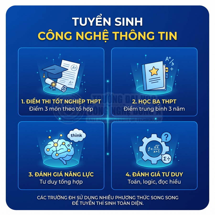 Poster tuyển sinh ngành công nghệ thông tin với 4 phương thức xét tuyển THPT và đánh giá năng lực, tư duy
