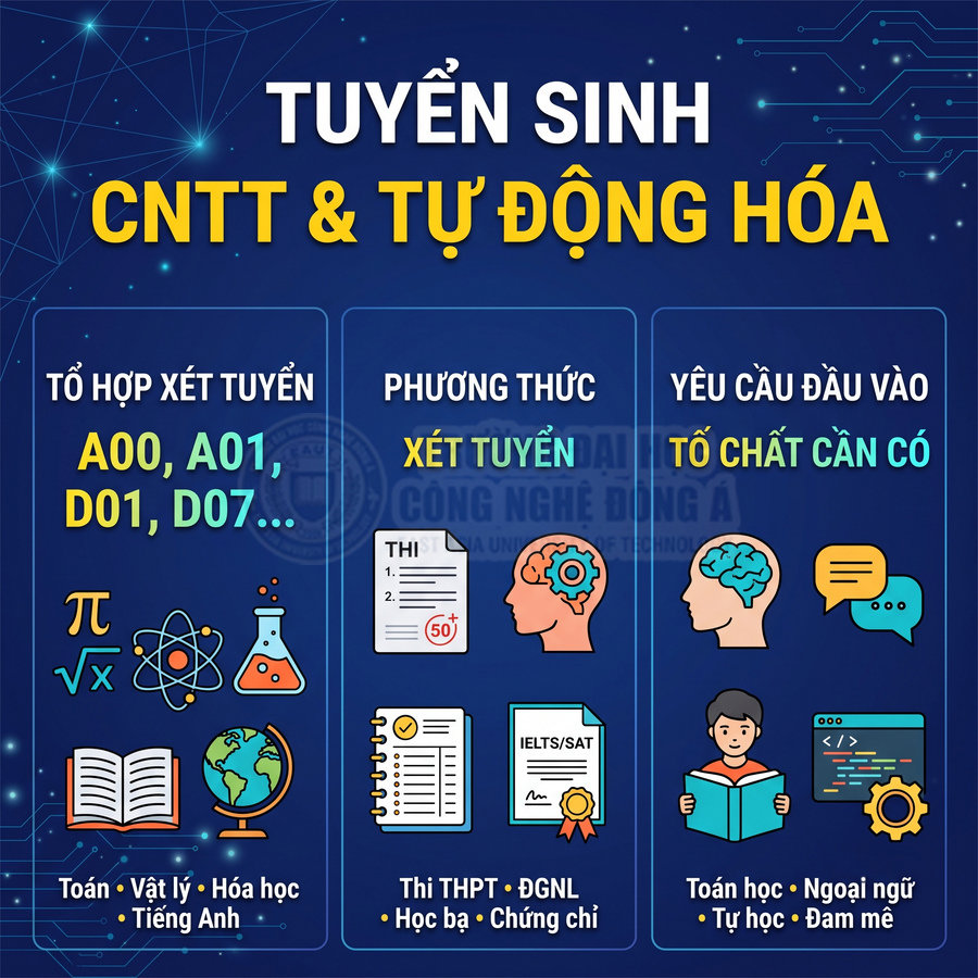 Poster tuyển sinh ngành Công nghệ thông tin và Tự động hóa với tổ hợp xét tuyển, phương thức tuyển sinh và yêu cầu đầu vào