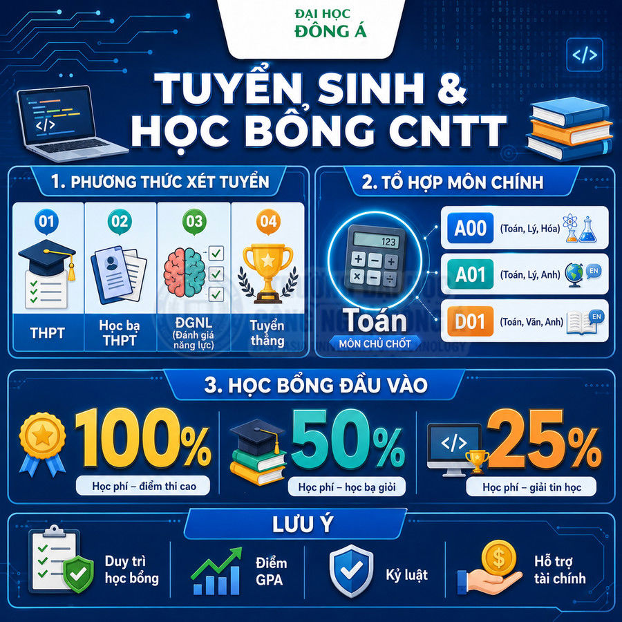 Poster tuyển sinh và học bổng ngành CNTT Đại học Đông Á với phương thức xét tuyển và mức học bổng hấp dẫn