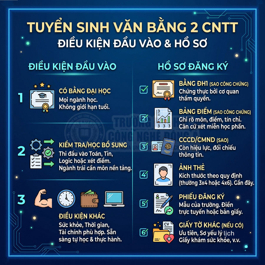 Poster tuyển sinh văn bằng 2 công nghệ thông tin với điều kiện đầu vào và hồ sơ đăng ký chi tiết