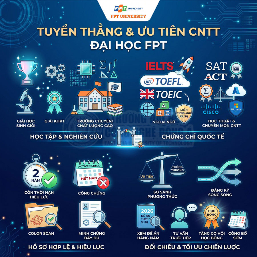 Infographic tuyển thẳng và ưu tiên ngành CNTT Đại học FPT với tiêu chí học tập, chứng chỉ quốc tế và hồ sơ hợp lệ