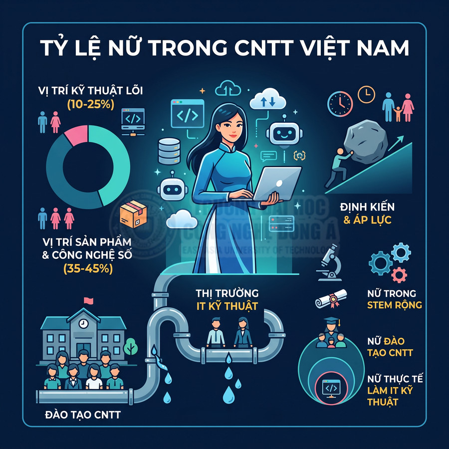 Infographic tỷ lệ nữ trong ngành CNTT Việt Nam với nữ lập trình viên áo dài cầm laptop