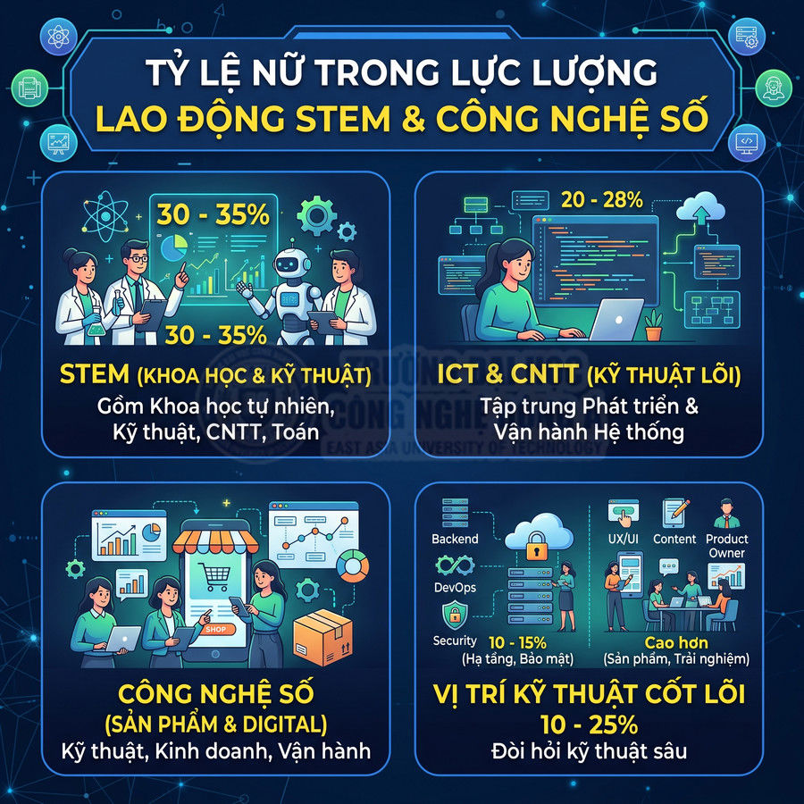 Tỷ lệ nữ trong lực lượng lao động STEM và công nghệ số, minh họa các nhóm ngành và vị trí kỹ thuật cốt lõi