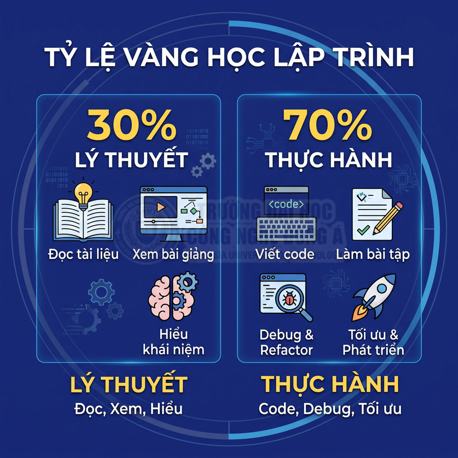 Tỷ lệ vàng học lập trình với 30 phần trăm lý thuyết và 70 phần trăm thực hành, minh họa các bước học code